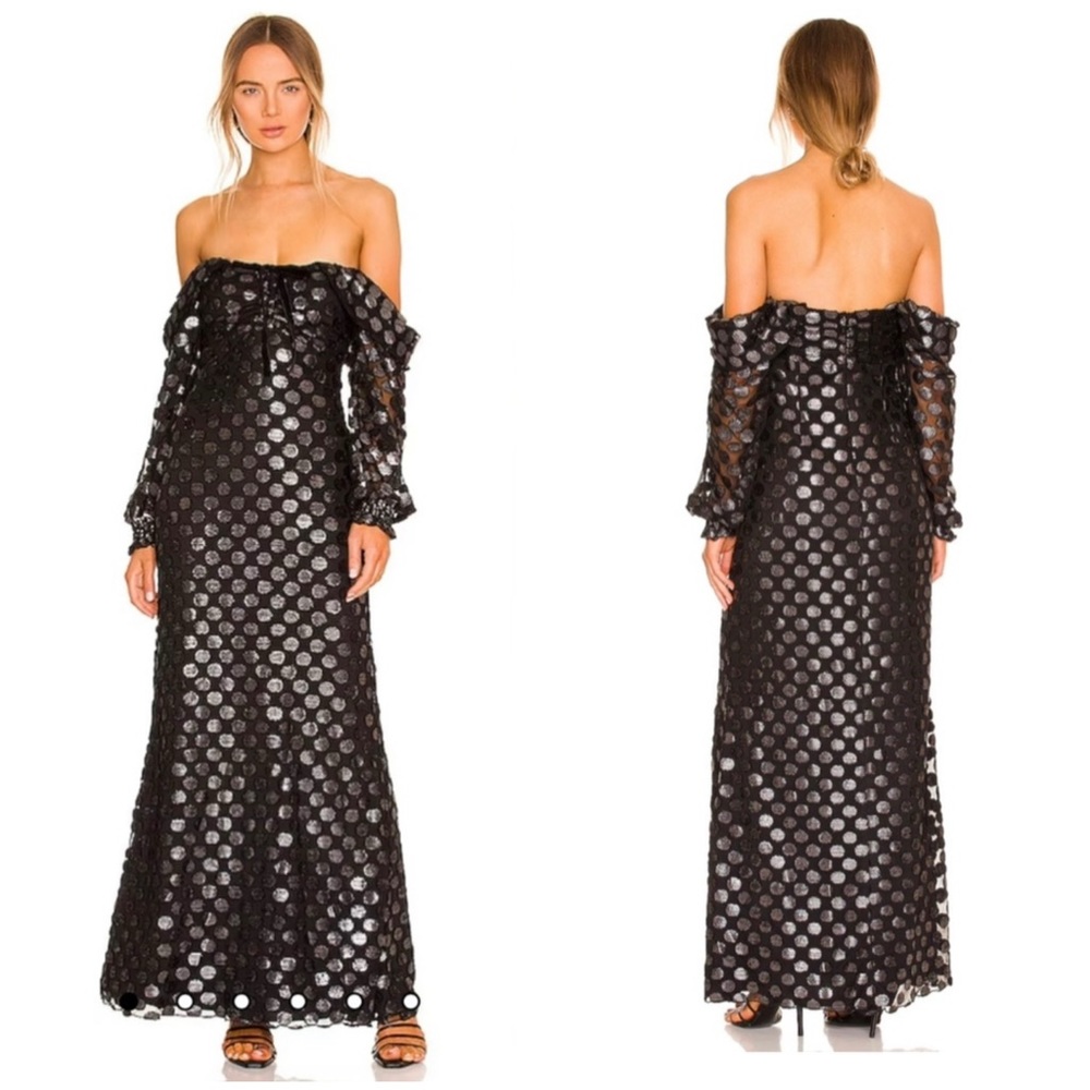 House of Harlow 1960 Rory Maxi Dress Black‎ Metallic Dot XL Elegant Statement